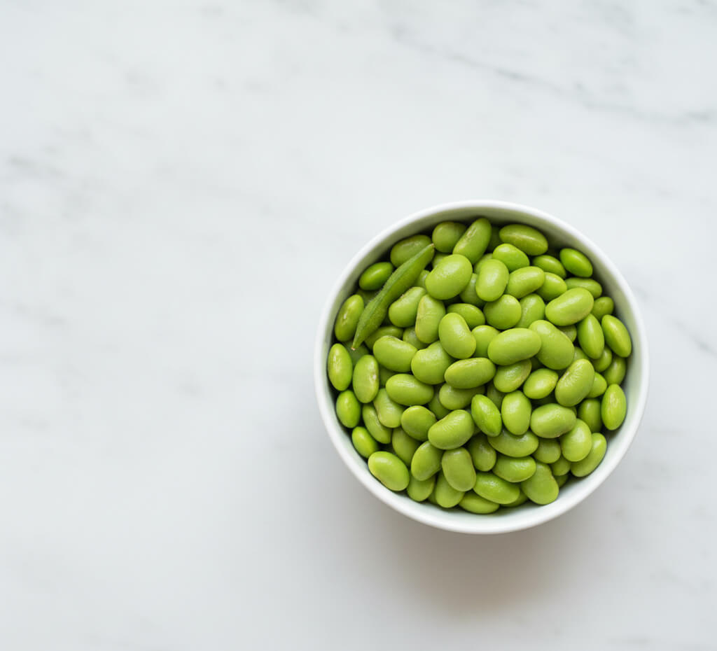 A bowl of shelled edamame, approximately 190 calories with 25 to 30 grams of protein