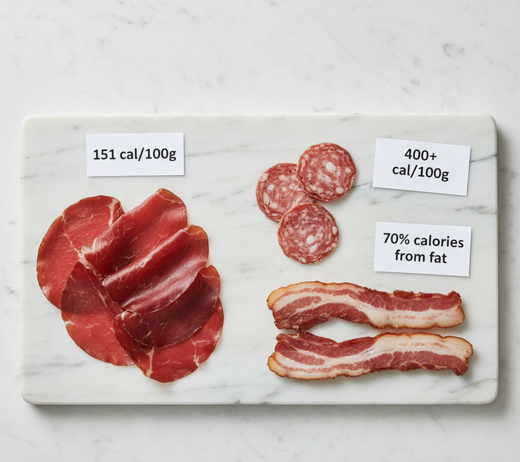 Comparison of bresaola (lean, 151 cal per 100g) versus salami (fatty, 400+ cal per 100g) and bacon (70% calories from fat)