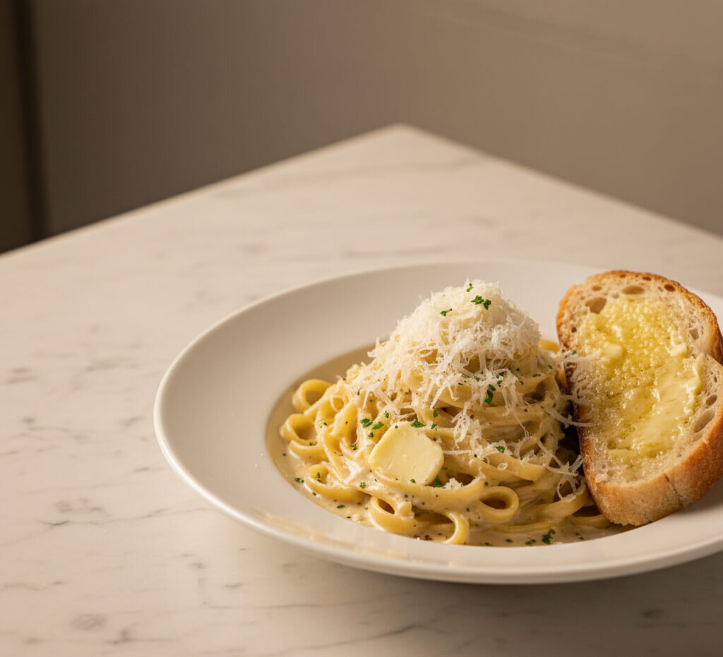 A plated meal with pasta in cream sauce, buttered bread, and generous parmesan — calorie-dense from added fats