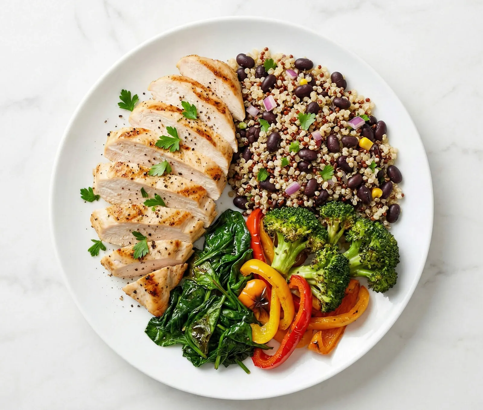 Plate divided into thirds showing protein, fiber-rich carbs, and vegetables for a structured meal